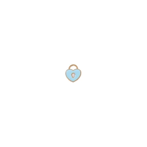 Detail of light blue heart-shaped lock pendant with gold alloy frame and oil dripping finish