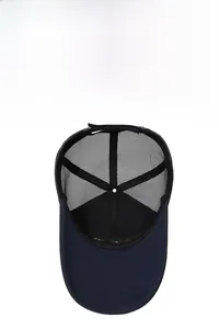 Internal view of navy mesh baseball cap showing breathable stitching and adjustable strap