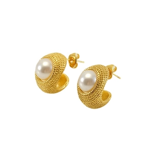 Boucles d'oreilles C en acier inoxydable doré 18k avec texture tressée et perle