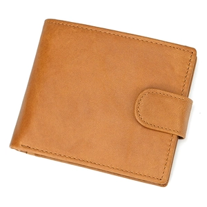 Detail view of brown genuine leather tri-fold wallet with fine stitching and snap closure