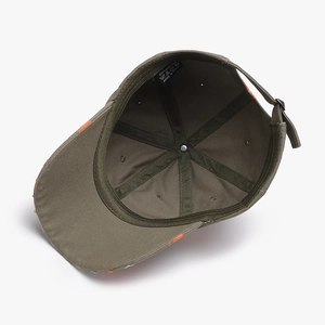 Army green distressed cotton baseball cap featuring vintage frayed orange details