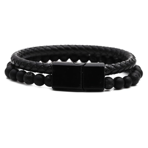 Herren Armband zweilagig mit geflochtenem Leder, Mattperlen, Lavastein und Magnetverschluss