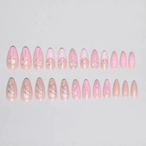Faux ongles dégradés roses avec cerises 3D, perles et strass ensemble 24 pièces