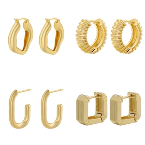 Geometric Hoop Earrings 18K Gold Plated Copper Irregular U Shaped Textured Wave Design For Women Elegant Jewelry