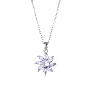 Elegant silver flower pendant necklace featuring light purple zircon crystals on white background