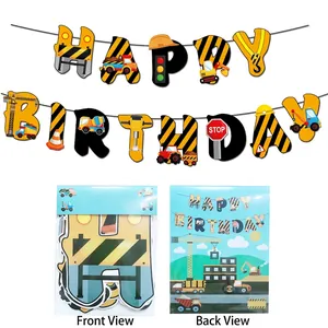 Construction theme birthday banner set with yellow excavator and crane designs