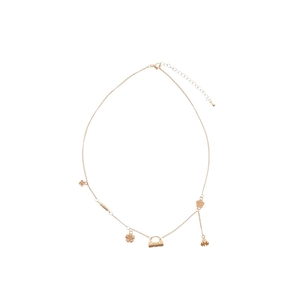 18k gold plated necklace featuring floral charms and miniature handbag pendant on white base