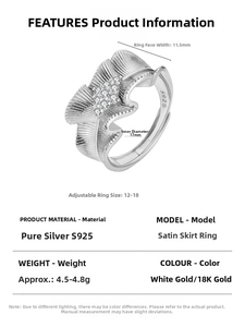 Detailed size specifications for S925 sterling silver ruffled skirt ring with zircon