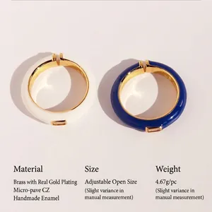 Adjustable enamel rings with cubic zirconia inlay in white and deep blue finish