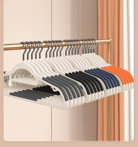 Detail of colorful non-slip rubber pads on sleek white plastic hangers on metal rod