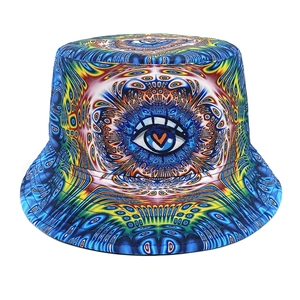 Detailed view of colorful psychedelic bucket hat with devil eye pattern and heart pupil