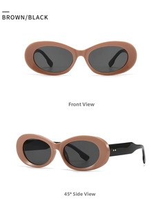 Close-up of retro oval sunglasses with brown front frame and black temples with metal rivets