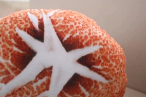Macro detail of the plush mushroom pillow showing the orange printed texture on soft fabric