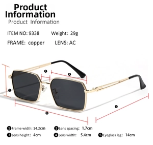 Detailed dimension chart showing frame width and lens height for square metal sunglasses