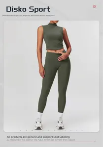 Detail eines olivgrünen Sportsets mit ärmellosem Top und Leggings mit hohem Bund