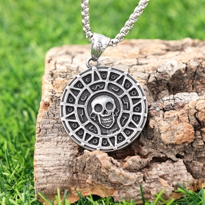 Nordic viking skeleton gold coin pendant necklace in vintage stainless steel style