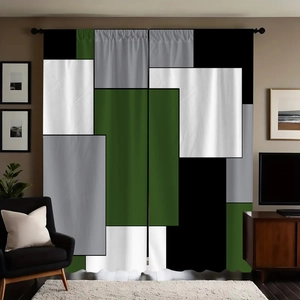 Detail of geometric polyester blackout curtain with modern black and green color block design