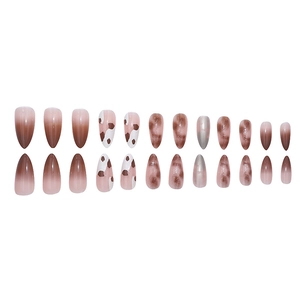 Brown almond-shaped press-on nails with gradient, cow print and pearlescent finish