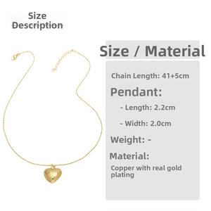 Detail of 18K gold-plated heart pendant showing dimensions 2.2cm x 2.0cm and 41+5cm chain