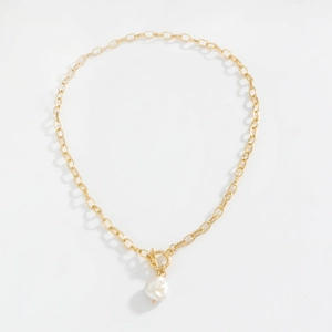 Golden oval link necklace with baroque pearl pendant and OT toggle clasp closure