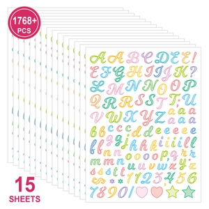 Detail view of 15 macaron-colored letter and number sticker sheets for DIY crafts