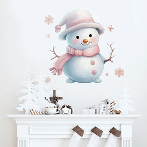 Cartoon snowman wall stickers with pink hat and scarf for Christmas home decoration