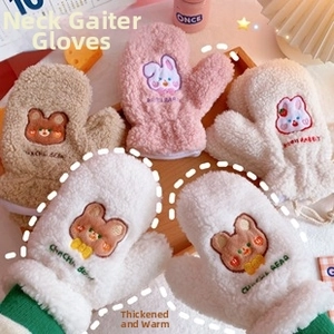 Detailed close-up of plush teddy fleece neck-hanging gloves with cartoon bear embroidery