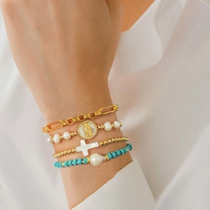 Virgin Mary Medal Freshwater Pearl Stackable Bracelets 18K Gold Plated Shell Cross Religious Bohemian Jewelry Women