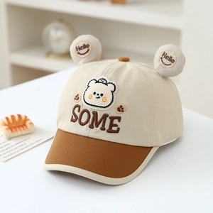 Close-up of cute 3D bear ears and SOME embroidery on kid's cotton baseball cap