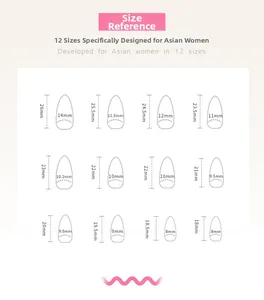Detailed size chart for matte almond press-on nails with 12 specific dimensions