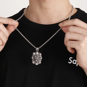 Gothic tiger head and skull pendant necklace in silver stainless steel for men