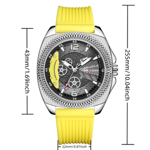 Detail of 43mm stainless steel sports watch with yellow silicone strap and skeleton dial