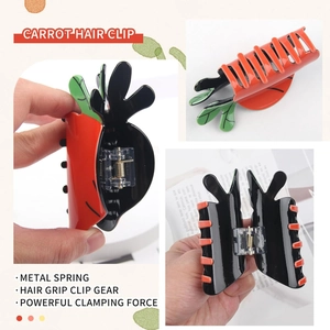 Detail of creative carrot hair clip showing metal spring and strong grip mechanism
