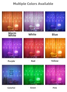 Detail showing nine vibrant lighting color options for LED Diya curtain string lights