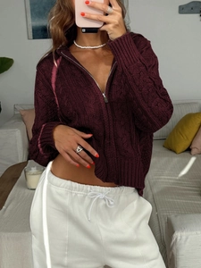 Women's casual burgundy cable knit sweater jacket with hood and zipper closure