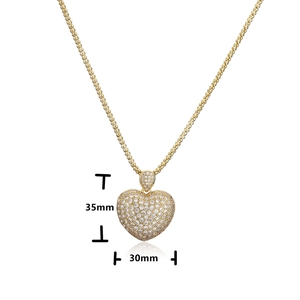 Full iced-out heart pendant necklace with cubic zirconia, size 35mm by 30mm