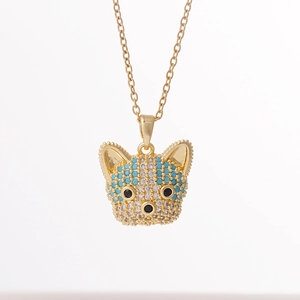 Collier pendentif bouledogue français minimaliste avec pierres de zircon colorées dorées