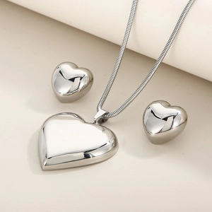 Polished stainless steel hollow heart pendant necklace and stud earrings jewelry set