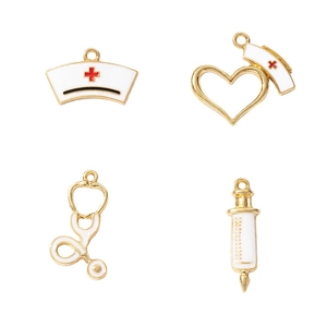 DIY medical charm set with enamel nurse hat, stethoscope, heart and syringe pendants