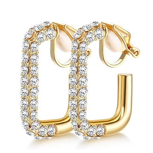 Elegant C-shaped gold-plated clip earrings featuring shimmering white zircon stones