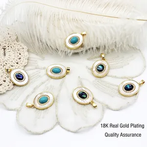 Vintage Oval Pendants 18K Gold Plated Brass With Mother Of Artificial Pearl Abalone Shell Turquoise Zircon For DIY Jewelry Making