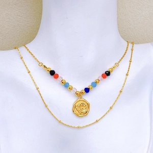Double-layered colorful beaded necklace with golden rose pendant for women