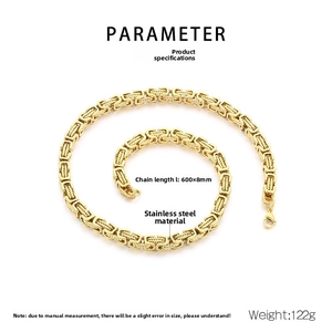 Detail of 8mm thick gold stainless steel Byzantine chain with 600mm length parameters