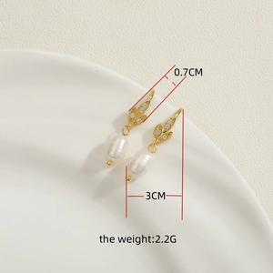 Baroque pearl earrings with gold leaf design and zircon inlay, 3cm length drop