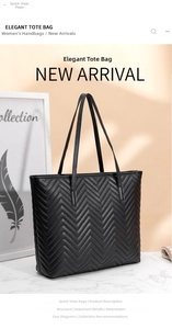 Detail of black chevron quilted leather tote bag on a marble surface in a warm setting