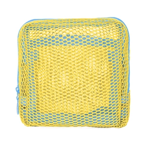 Mesh beach toy storage bag with yellow netting and blue zipper for children