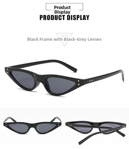 Detailed views of vintage cat eye sunglasses with black frames and gold rivet accents
