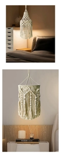 Detail of handcrafted macrame lampshade with intricate cotton weave and long fringe trim