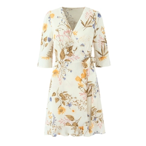 Floral print wrap dress with V-neck, ruffles and waist tie in off-white chiffon fabric
