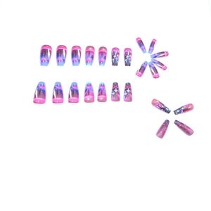 Colorful mushroom and starry night patterns on purple gradient coffin press-on nails